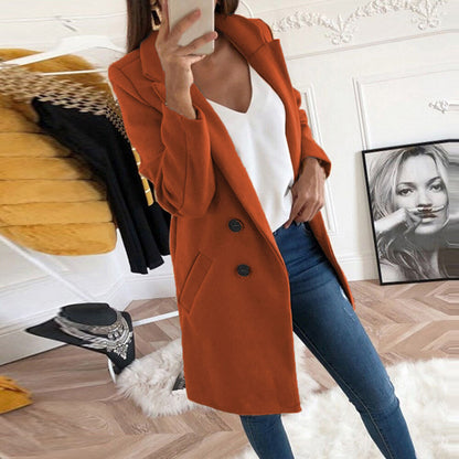 Solid Color Lapel Mid Length Button Wool Coat