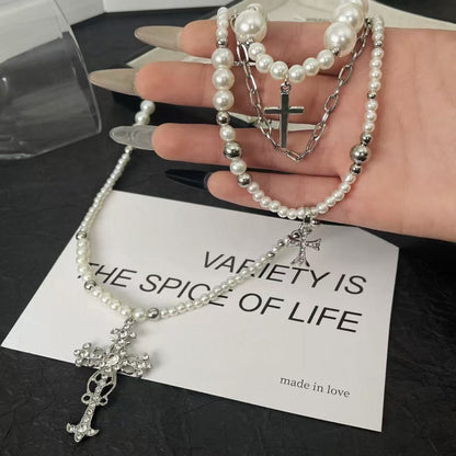 Cross Stacked Pearl Necklace  Long Layered Alloy Clavicle Chain Jewelry