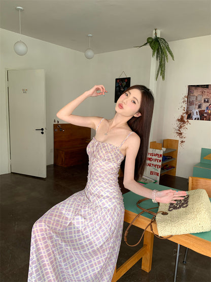 French Pink Plaid Tulle Suspender Dress