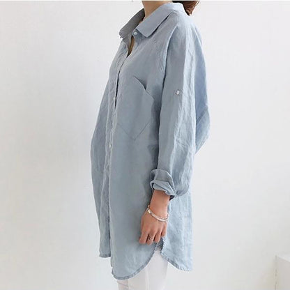Shirt Loose Plus Size Long Cotton Linen Textured Dress Shirt Style