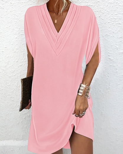 Womens V Neck Bat Sleeve Pleated Dress