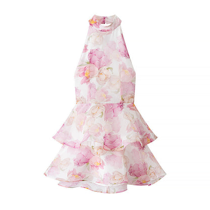 Floral Print Backless Halterneck Dress Drip Depot