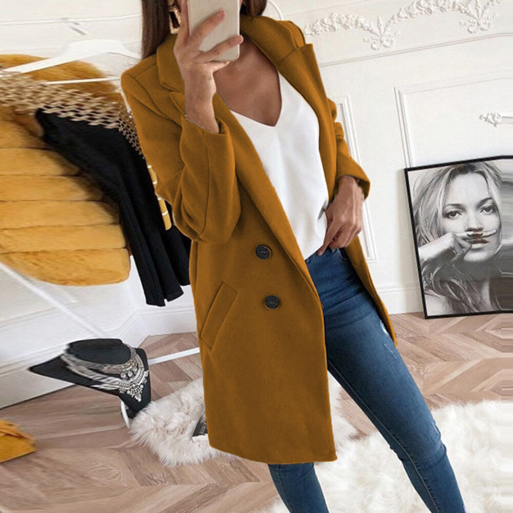 Solid Color Lapel Mid Length Button Wool Coat