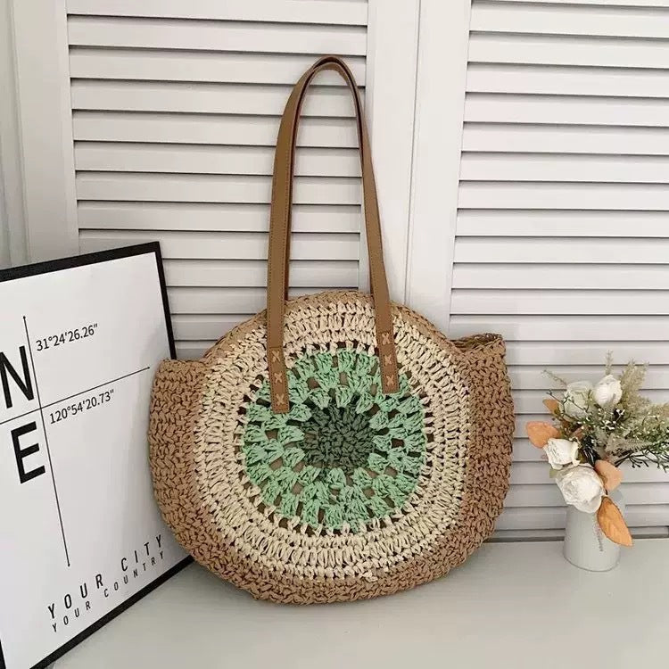 Round Woven Straw Tote Bag