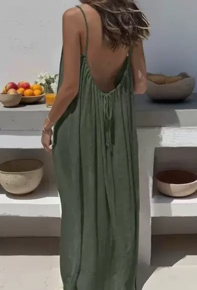 Backless halter maxi dress for beach vacations