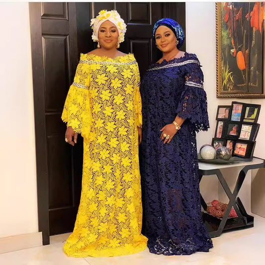 African Lace Loose Plus Size Gown Dress Trumpet Sleeve Fashion Dress with Turban