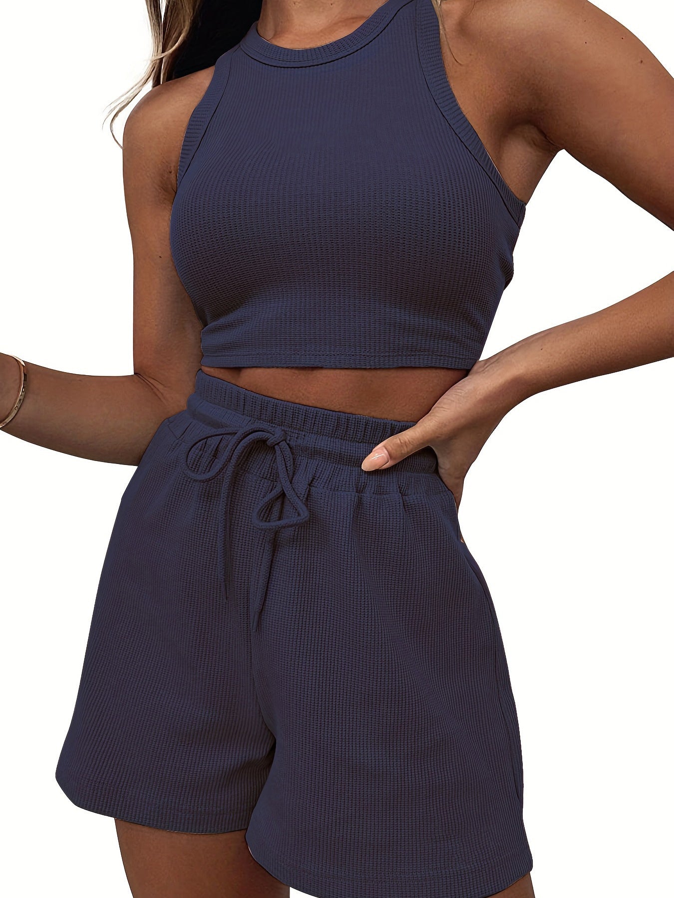 Sleeveless Waffle Vest and Shorts Set