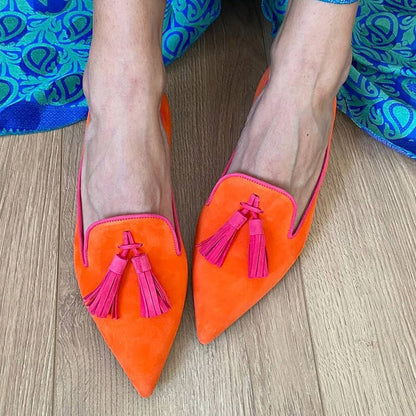 Low Heel Pointed Tassel Slip On Shoes