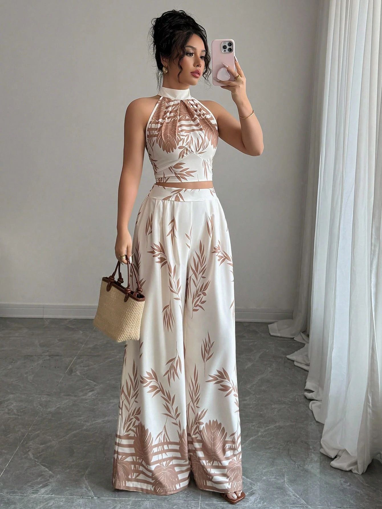 Halter Neck Tank Top and Wide-Leg Pants Set