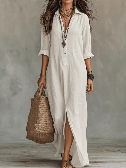 Womens Casual Solid Color V-Neck Slit Dress