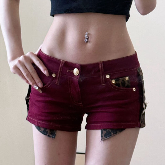 Low Waist Denim Shorts with Leopard Print