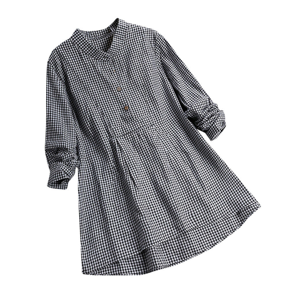 Plaid Stand Collar Pullover Shirt Long Sleeve  Top