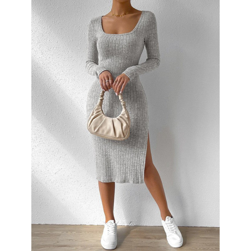 Women's Solid Color Polyester Dress with Square Collar