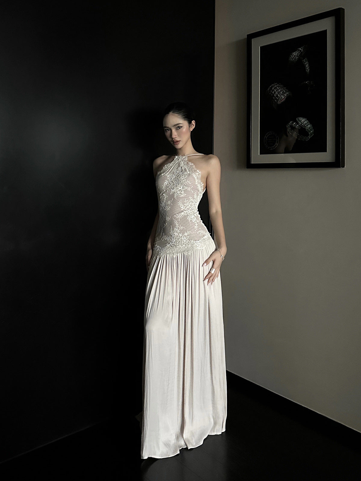 French-Style Lace Patchwork Strapless Long Dress