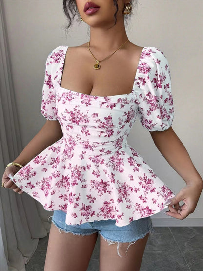 Floral Print Square Neck Puff Sleeve Blouse