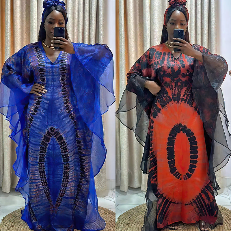 African Ethnic Print Mesh Long Dress with Headscarf