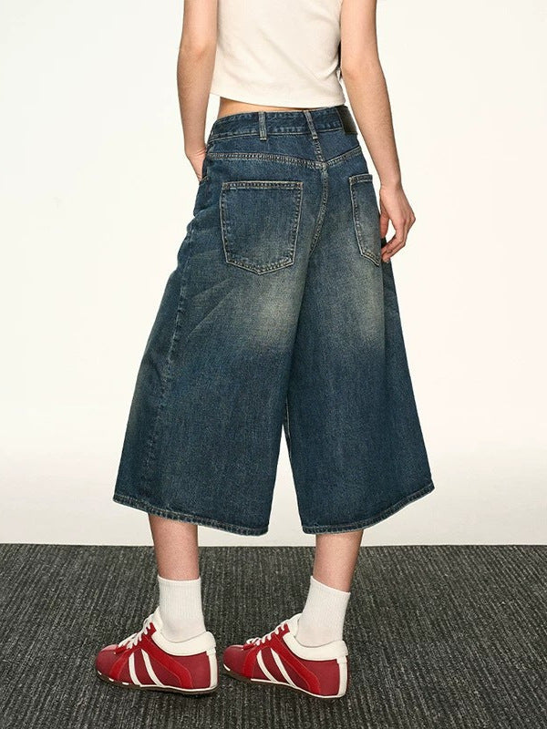 Vintage Washed Denim Wide-Leg Cropped Pants Drip Depot