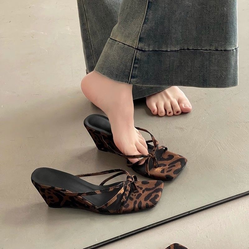 Leopard Print High Heel Wedge Sandals