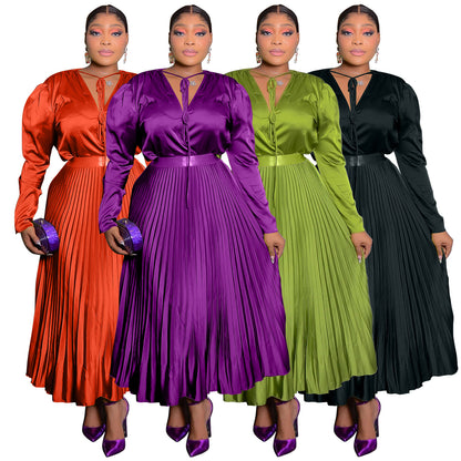 Plus Size Long Sleeve Pleated Skirt Suit with Lace-Up Detail