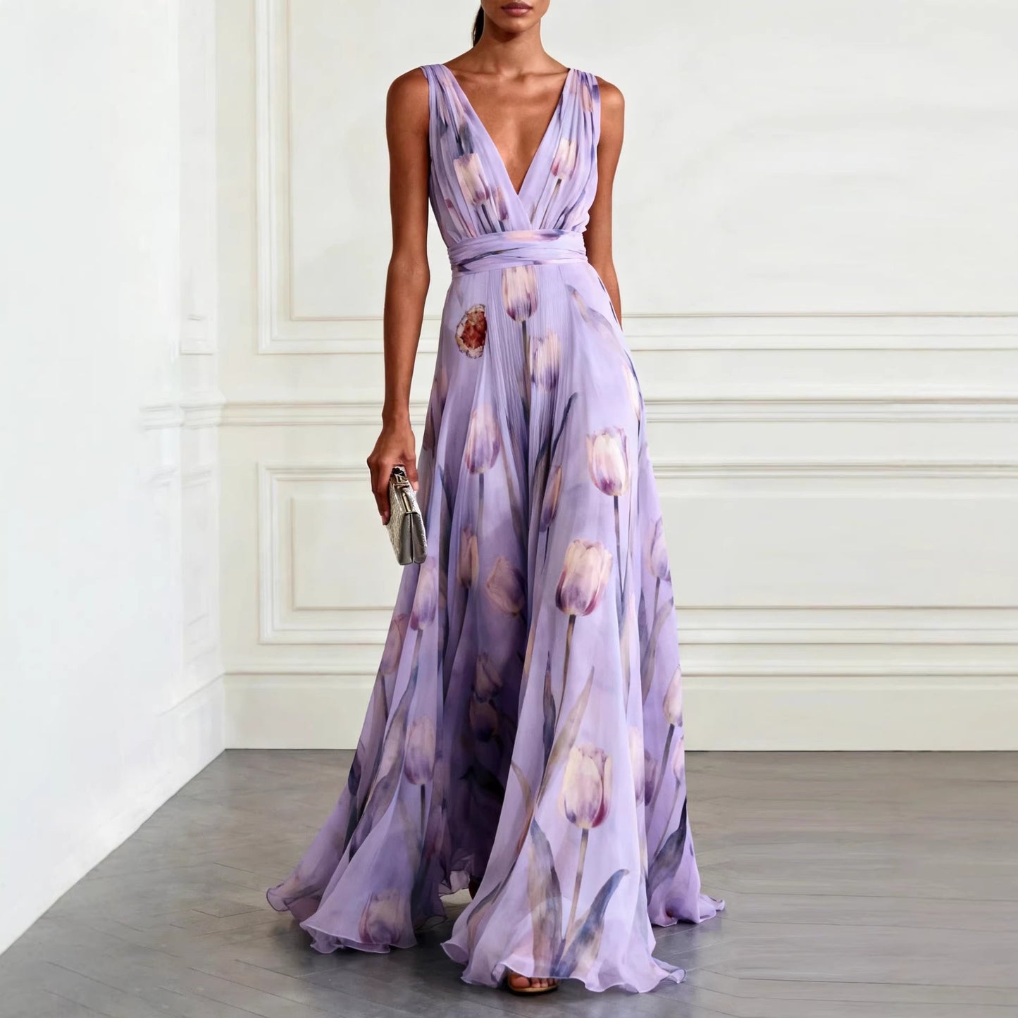 Floral Print V-Neck Sleeveless Long Dress