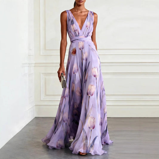 Floral Print V-Neck Sleeveless Long Dress