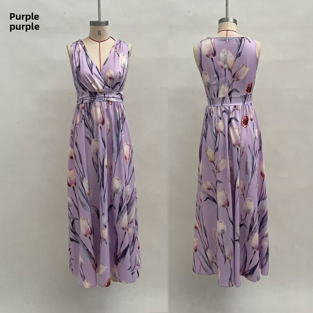 Floral Print V-Neck Sleeveless Long Dress
