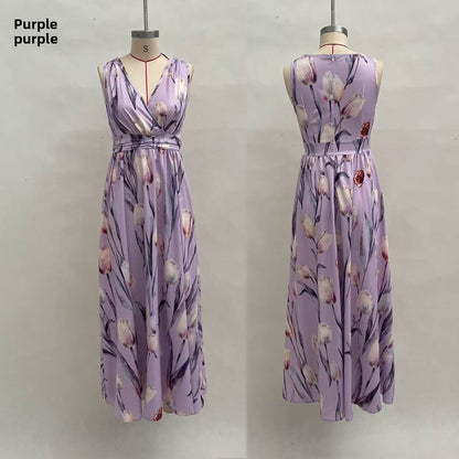 Floral Print V-Neck Sleeveless Long Dress