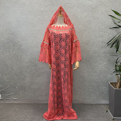 African Lace Loose Plus Size Gown Dress Trumpet Sleeve Fashion Dress with Turban