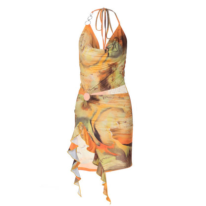 printing sexy backless lace dress