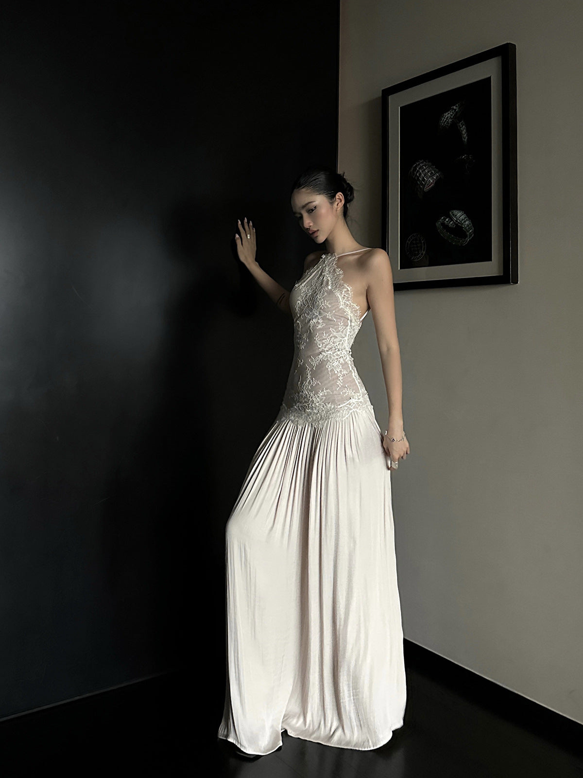 French-Style Lace Patchwork Strapless Long Dress