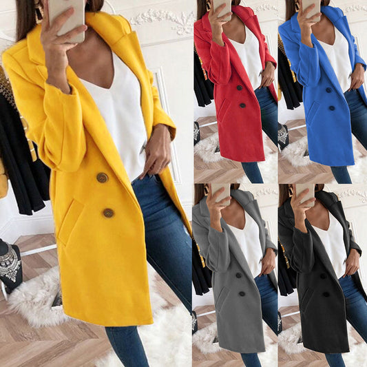 Solid Color Lapel Mid Length Button Wool Coat