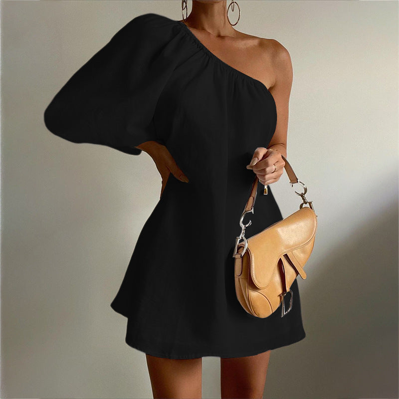 Oblique Shoulder Flared Sleeve Dress