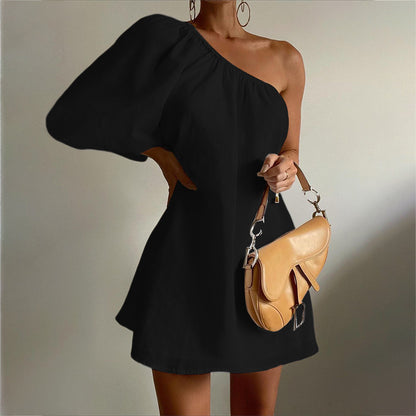 Oblique Shoulder Flared Sleeve Dress