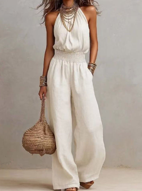 Linen European-style  dress with backless one-piece pants