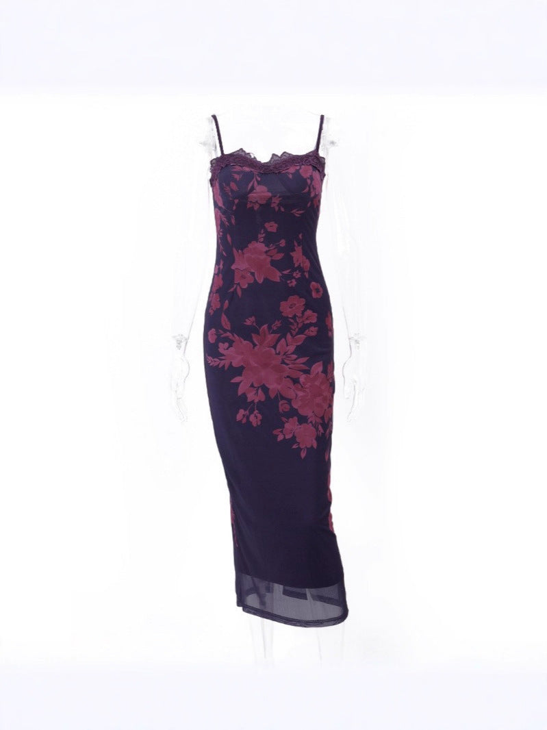 Vintage Print Lace Trim Backless Dress Drip Depot
