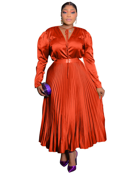 Plus Size Long Sleeve Pleated Skirt Suit with Lace-Up Detail