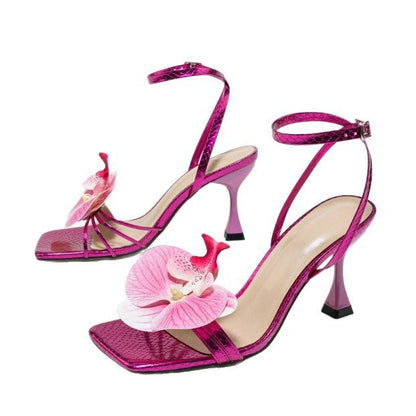 Square Toe Floral Ankle Strap Sandals