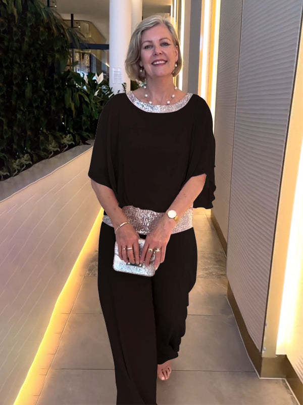 Sequin Bat Sleeve Shirt and Wide Leg Pants Set