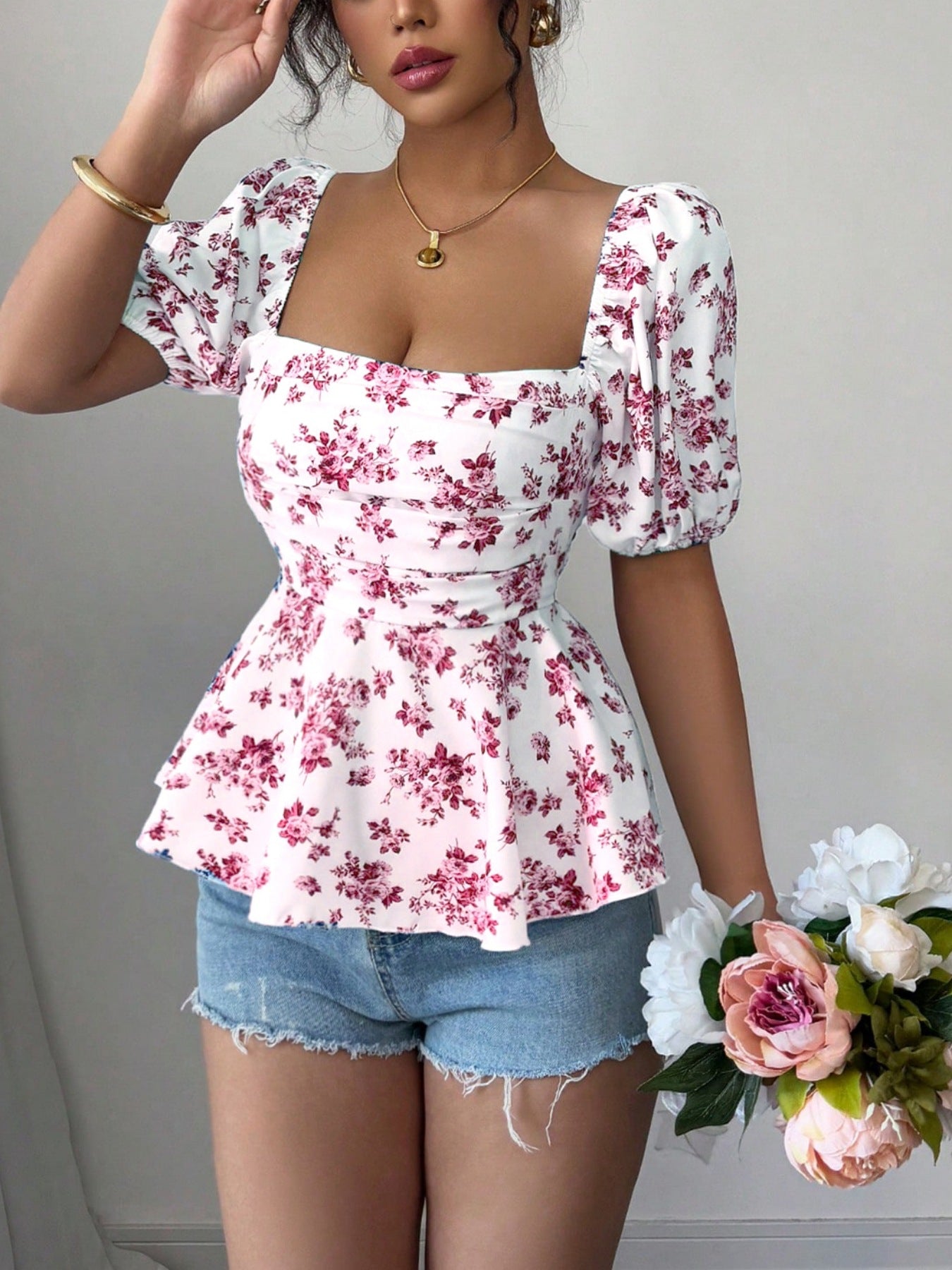 Floral Print Square Neck Puff Sleeve Blouse