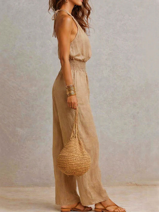 Linen European-style  dress with backless one-piece pants