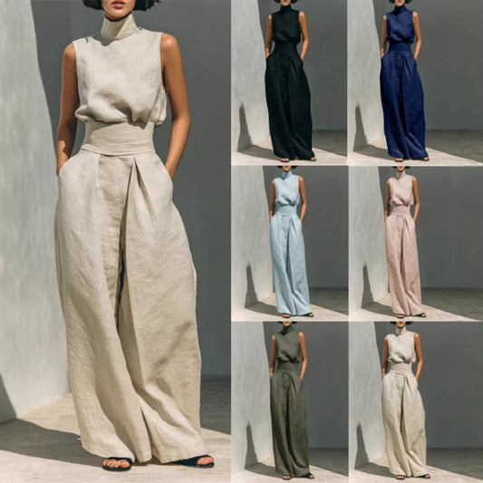 Cotton and Linen Sleeveless Long Pants Casual Set for Women