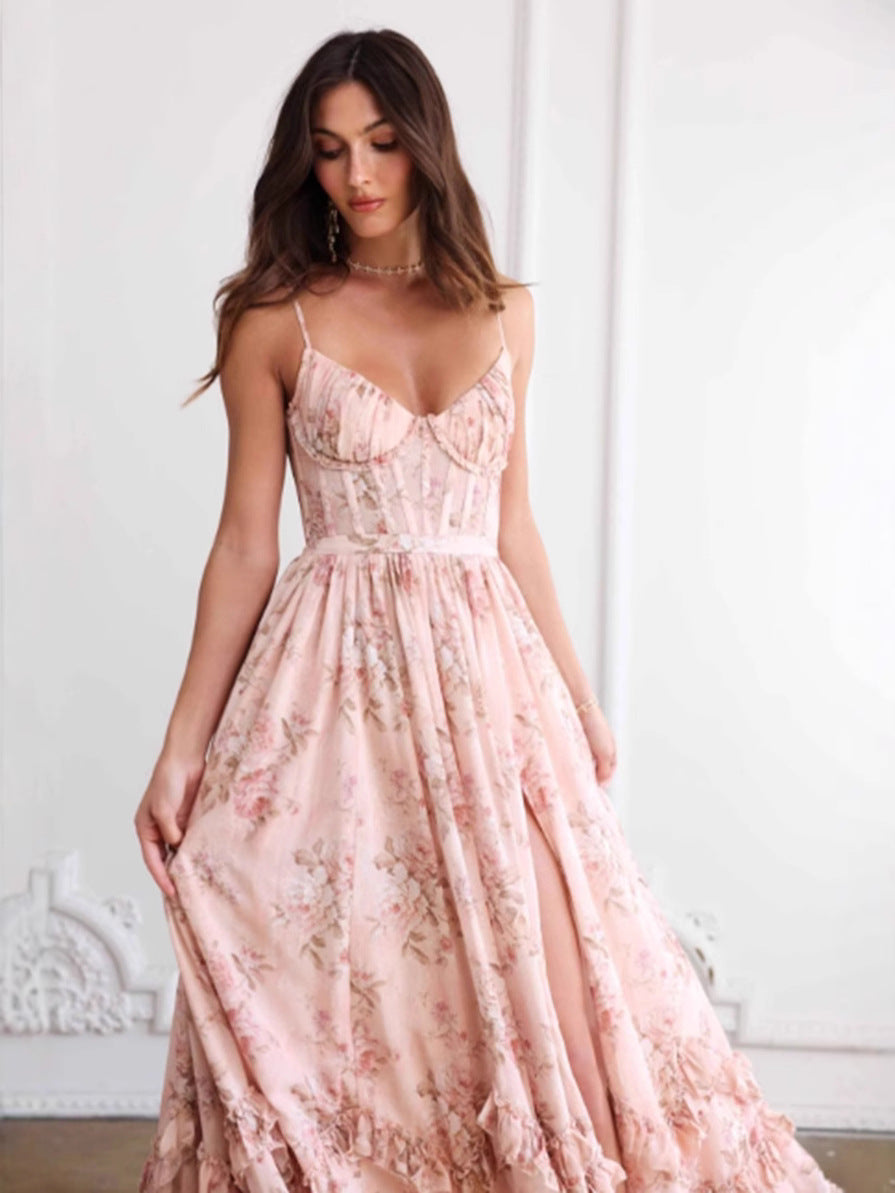 Floral Print V-Neck Long Dress