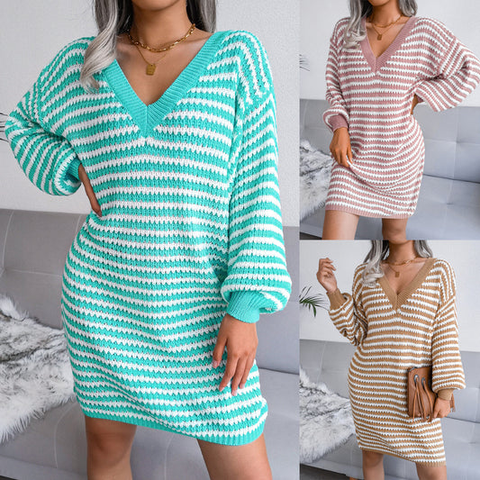 Striped Hollow-Out Knit Dress