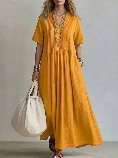 Women's V-Neck Pleated Cotton Linen Dress Drip Depot