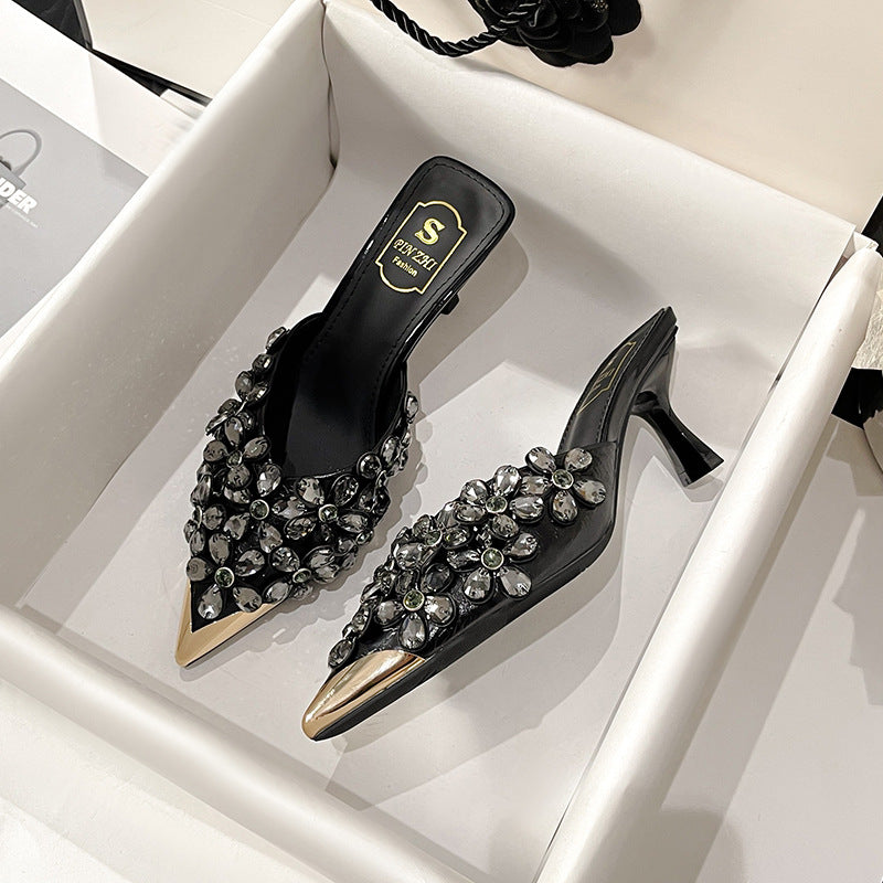 Beaded Pointed Toe High Heel Slippers
