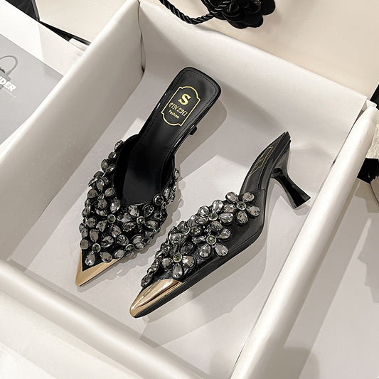 Beaded Pointed Toe High Heel Slippers