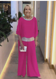 Sequin Bat Sleeve Shirt and Wide Leg Pants Set