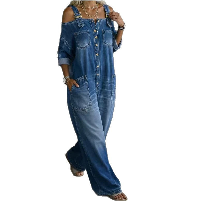 Off-Shoulder Denim Wide-Leg Jumpsuit