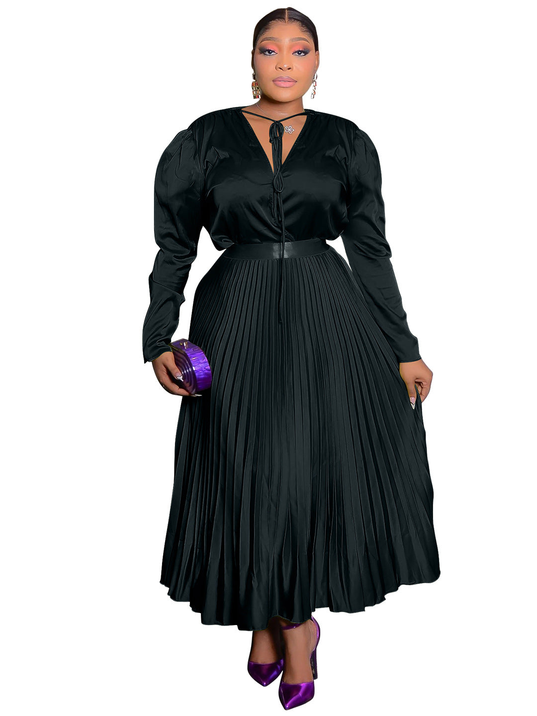 Plus Size Long Sleeve Pleated Skirt Suit with Lace-Up Detail