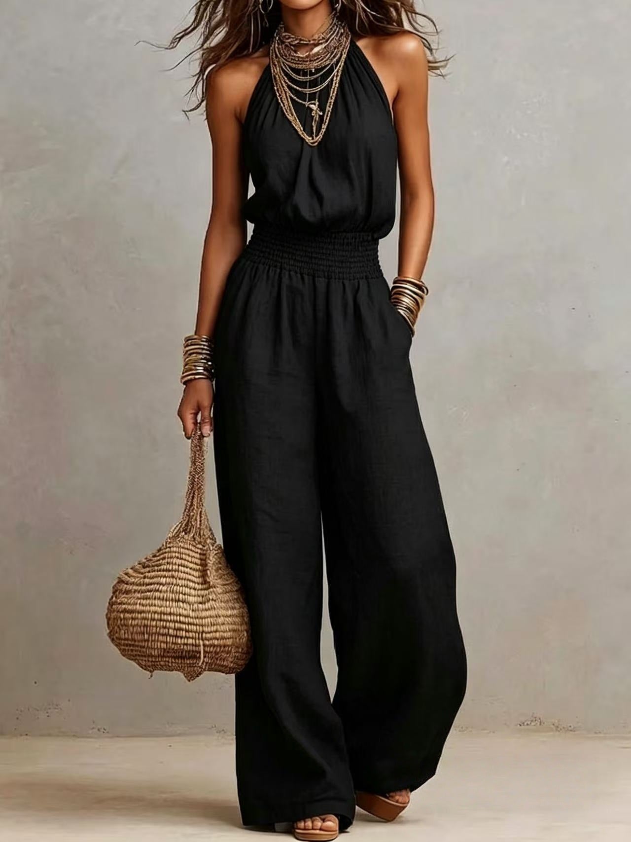 Linen European-style  dress with backless one-piece pants